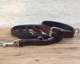 Halsband und Leine aus Leder als Set, Hundehalsband ungepolstert, verstellbare Lederleine, dunkelbraun