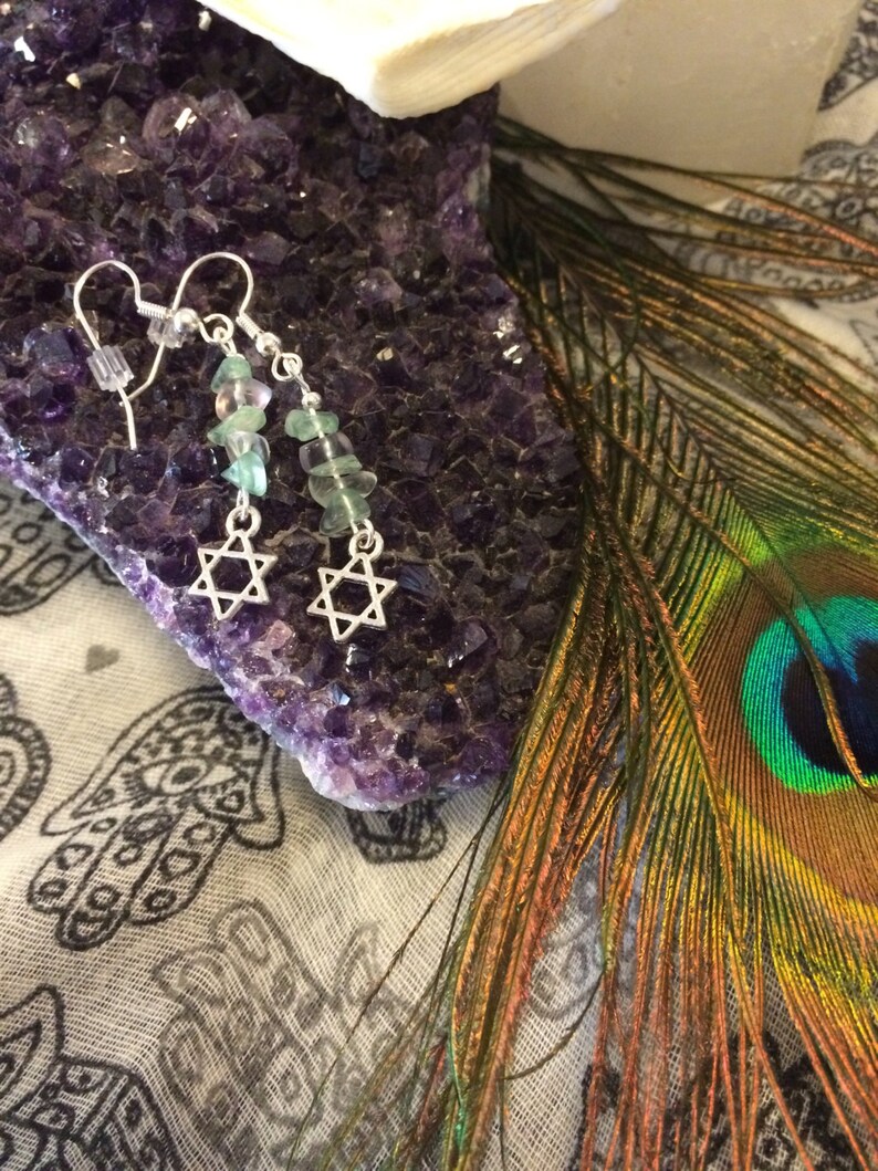 metaphysical jewelry Judaica jewelry gemstone earrings healing jewelry,Chanukah Star of David earrings Judaica gifts fluorite earrings