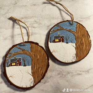Set of 2 hand painted ornaments winter scene red house tree snow Christmas ornament set Christmas gift  Christmas tree decor gift