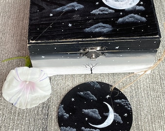 Hand Painted Wooden Jewelry Box: Rustic Night Sky Moon and Stars, Includes Ornament