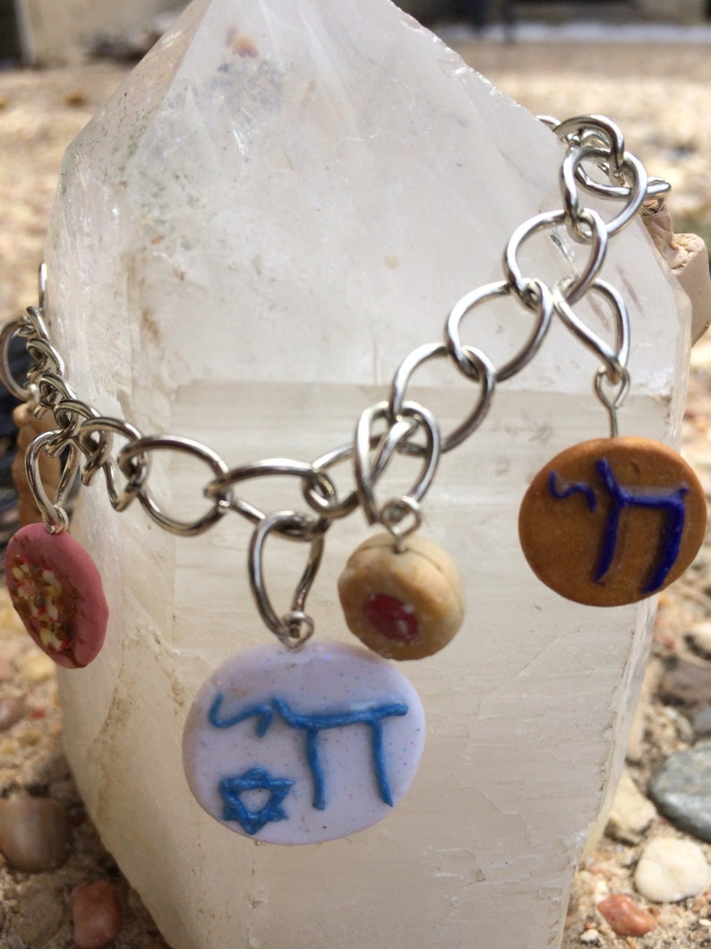 Chai charm bracelet,chai,challah,jewish gifts,judaism,mini food,charm bracelet,star of david,hanukkah Judaica