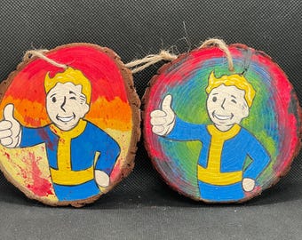 Fallout Vault Boy Hand-Painted Wood Slice Ornament – Rustic Christmas Gift