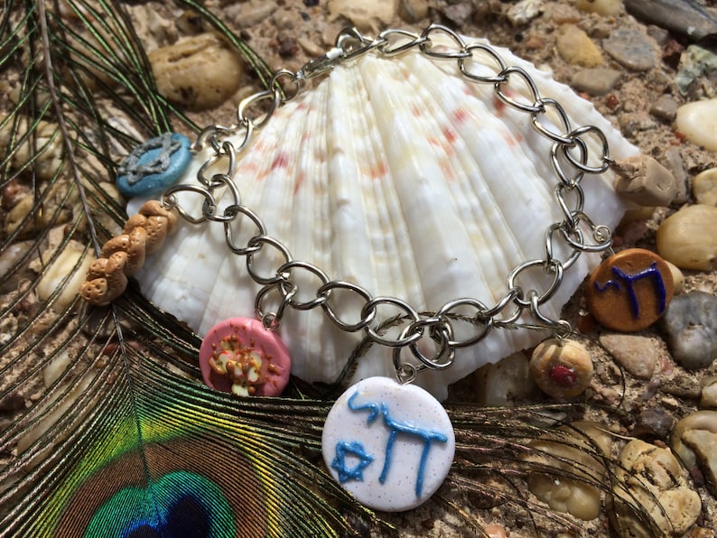 Chai charm bracelet,chai,challah,jewish gifts,judaism,mini food,charm bracelet,star of david,hanukkah Judaica