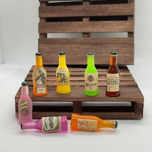 Miniature vintage soda bottles or liquor bottles dollhouse miniature vintage nostalgia sodas 1:12 scale soda liquor set of 7