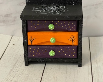 Halloween 1:12 scale hand painted witches 3 draw table dollhouse side furniture