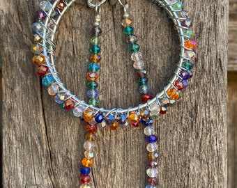 Rainbow Crystal beaded hoop earrings and bracelet set, summer jewelry, jewelry gift set, gifts for her, Swarovski crystal, hoops earrings,