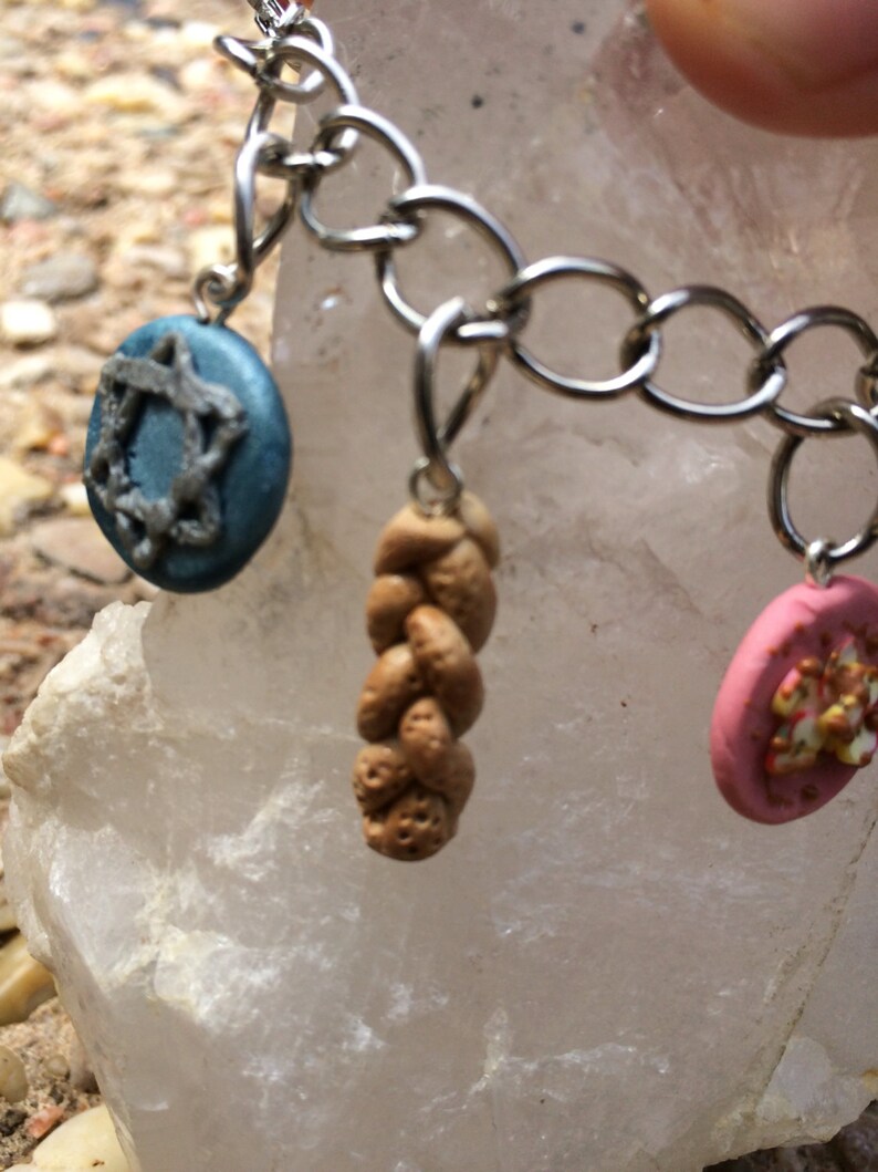 Chai charm bracelet,chai,challah,jewish gifts,judaism,mini food,charm bracelet,star of david,hanukkah Judaica