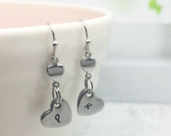 Initial Earrings = Monogram Earrings - Hand Stamped - Dangle Earrings - Personalized Jewelry - Heart Earrings - Gifts under 20