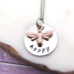Personalized Necklace - Honey Bee Jewelry - Bee Necklace - Hand Stamped Jewelry - Bumble Bee Pendant - Motivation Jewelry - Word Necklace