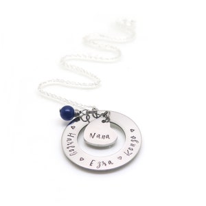 Personalized Grandma Necklace: Hand Stamped Name Jewelry, Gemstone Accent