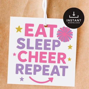 Pastel Cheer Gift Tags, Eat Sleep Cheer Repeat Printable in Pink + Purple, Instant Download Favor Tag for Cheer Team Girls