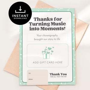 Dance Choreographer Gift Card Holder, Printable Recital Thank You Gift, Instant Download, Teacher Appreciation, Dance Coach Card