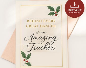 Dance Teacher Appreciation Christmas Card, Printable Holiday Card for Dance Instructors