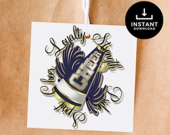 May include: A white tag with a gold and blue cheerleader megaphone graphic. The text around the megaphone reads "Cheer, Spirit, Loyalty, Strength".