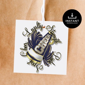 Cheerleading Favor Tags, Pom Pom Tags, Cheer Gift Ideas,  Navy and Gold Cheer Tags, Cheer Printables, Instant Download Cheerleader Gifts