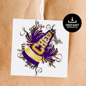 Cheerleading Favor Tags, Pom Pom Tags, Cheer Gift Ideas,  Purple and Yellow Cheer Tags, Cheer Printables, Instant Download Cheerleader Gifts