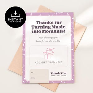 Porte-cartes cadeau chorégraphe, imprimable Merci pour le récital de danse, cadeau de récital violet pour entraîneur ou professeur de danse, téléchargement immédiat