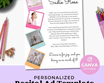 Dance Recital Ad Template, Customizable Editable Program Ad, Create Your Dance Tribute, Canva Design, Full Page Photo Collage for Yearbook