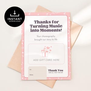 Dance Choreographer Gift Card Holder, Printable Recital Thank You Gift, Instant Download, Teacher Appreciation, Dance Coach Card