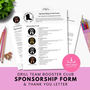 Formulario de patrocinio y carta de agradecimiento editables para equipos de baile, plantilla de recaudación de fondos para clubes de apoyo, imprimible en Canva para equipos y estudios de baile.