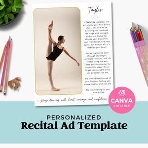 Könnte beinhalten: Eine personalisierte Rezital-Anzeigevorlage mit einer Ballerina in einem schwarzen Trikot und rosa Strumpfhosen, die einen Spagat ausführt. Die Anzeige enthält den Text "Taylor" und "Keep dancing with heart, courage and confidence."
