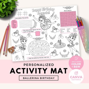 Ballerina Birthday Activity Placemat, Ballet Activity Mat, Party Placemat, Dance Coloring Placemat, Instant Download