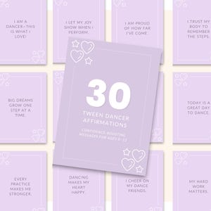 May include: A stack of 30 Tween Dancer Affirmation cards in shades of lavender. Each card features a white border and a positive affirmation. The central card displays the number 30 and the product title. The cards are designed to boost confidence for ages 8-12.