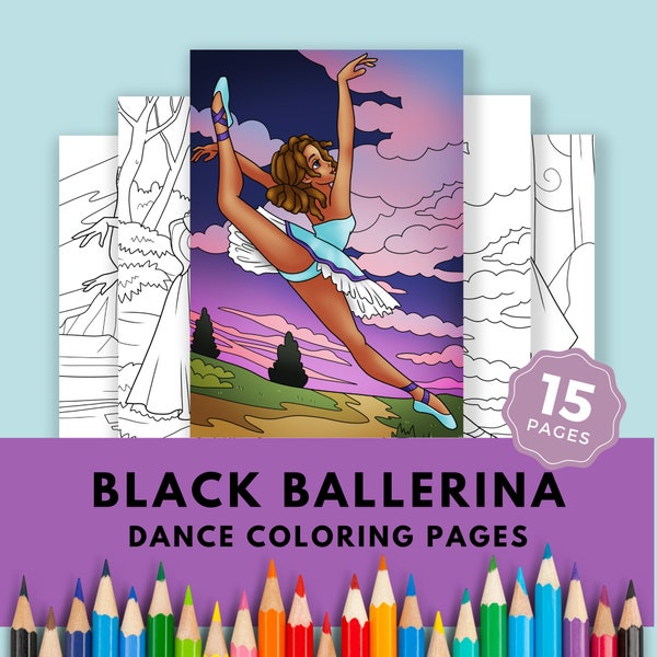 Black Ballerina Fantasy World Adult Coloring Book - African Teen Dance Class Printables - Dance Coloring Pages  - Instant Download