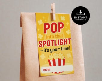 Dance Competition Good Luck Gift Tag, “Pop Into That Spotlight” Printable, Popcorn Tag for Cheer Team Treats, Recitals, Camps