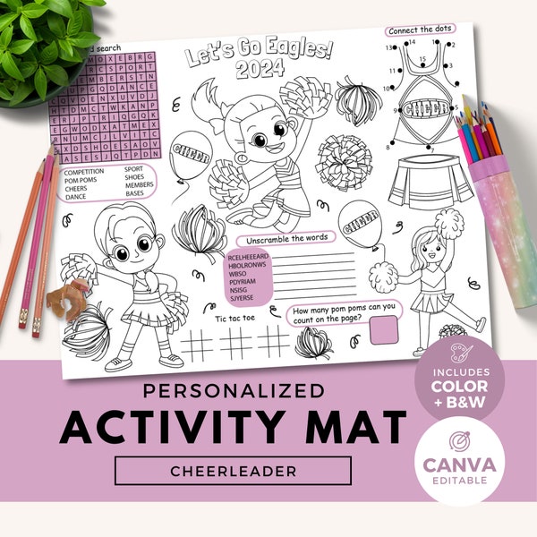 Cheerleader Activity Placemat, Cheer Activity Mat, Birthday  Party Placemat, Cheerleading Coloring Placemat, Instant Download