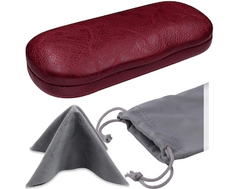 Burgundy Hard Shell Eyeglass Case: Men's Glasses Holder with Pouch & Cloth