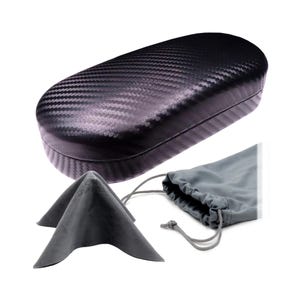 May include: A black, oval-shaped eyeglasses case with a carbon fiber texture. Included are a gray microfiber cleaning cloth and a gray drawstring pouch. The case is designed to protect eyewear.