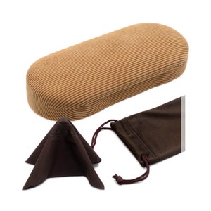 May include: A brown corduroy glasses case with a brown microfiber cleaning cloth and a brown drawstring pouch.