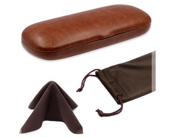 Small Brown Eyeglass Case: Slim Hard Shell with Pouch & Cloth