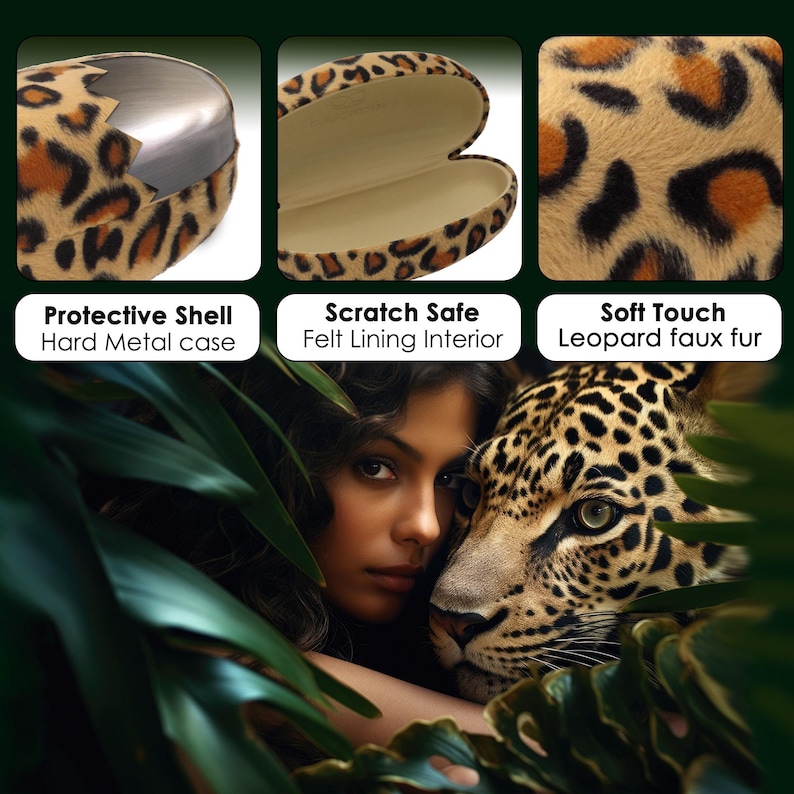 May include: A leopard print hard shell glasses case with a felt lining interior. The case is made of metal and has a soft touch finish.