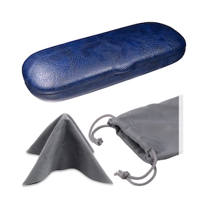 May include: A blue faux leather glasses case with a gray microfiber cleaning cloth and a gray drawstring pouch.