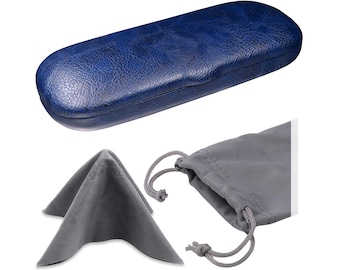 Slim Hard Eyeglass Case: Navy Blue Vegan Leather with Pouch & Cloth