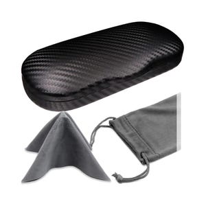 May include: A black, oval-shaped eyeglasses case with a carbon fiber pattern. Included are a gray microfiber cleaning cloth and a gray drawstring pouch, all against a white background. The case is designed to protect eyewear.