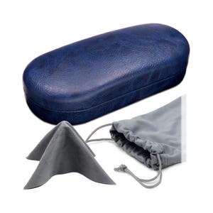 Hard Shell Eyeglass Case: Distressed Blue Leather-like Finish, Pouch & Cloth