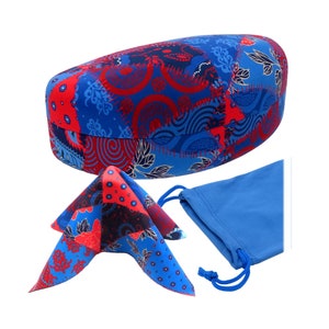 May include: A blue and red patterned hard-shell case for sunglasses, a matching blue and red patterned microfiber cleaning cloth, and a blue drawstring pouch.