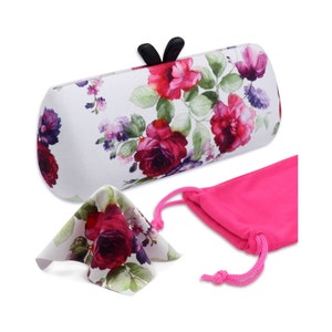 Chic Eyeglass Case - Women Glasses Holder with Pouch and Cloth in Floral Microfiber Print - Small Sunglasses case (AS461 Cranberry Rose)