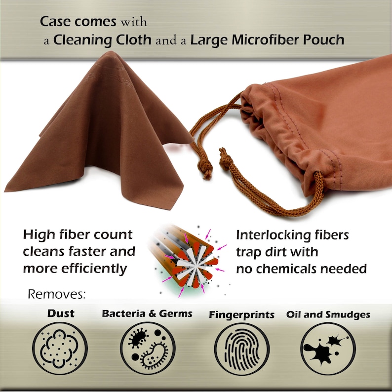May include: A brown microfiber cleaning cloth and a brown microfiber pouch. The cloth is folded into a triangle shape. The pouch has a drawstring closure. The text "Case comes with a Cleaning Cloth and a Large Microfiber Pouch" is at the top of the image. The text "High fiber count cleans faster and more efficiently" is below the cloth. The text "Interlocking fibers trap dirt with no chemicals needed" is below the pouch. The text "Removes: Dust, Bacteria & Germs, Fingerprints, Oil and Smudges" is at the bottom of the image. There are four icons below the text, representing dust, bacteria, fingerprints, and oil and smudges.