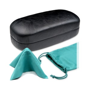May include: Black leather glasses case with a teal drawstring pouch and a teal microfiber cleaning cloth with the word "eyeglasses" embossed on it.