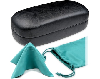 MyEyeglassCase EXTRA Large Smooth Black Sunglasses Case | Hard Shell Glasses Case with Drawstring Pouch and Cloth (AS505 BLACK)