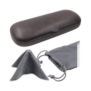 May include: A black leather glasses case with a gray microfiber cleaning cloth and a gray drawstring pouch.
