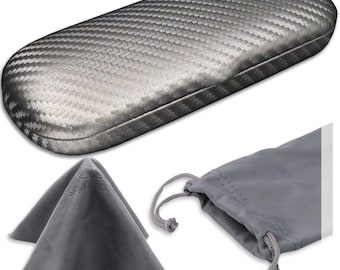 Slim Carbon Silver Fiber Eyeglass Case – Protective Hard Shell with Pouch & Cloth