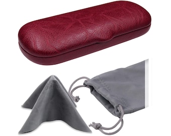 Slim Hard Readers Eyeglass Case: Burgundy Vegan Leather with Pouch & Cloth
