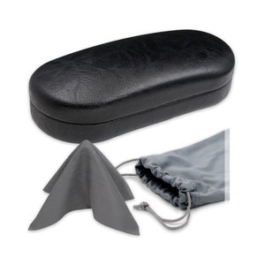 May include: A black leather glasses case with a gray microfiber cleaning cloth and a gray drawstring pouch.