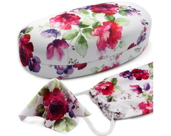MyEyeglassCase Floral Hard Sunglasses case | Glasses Case Medium Large frames with Pouch and Cloth By Rachel Rowberry (AS113 Cranberry Rose)