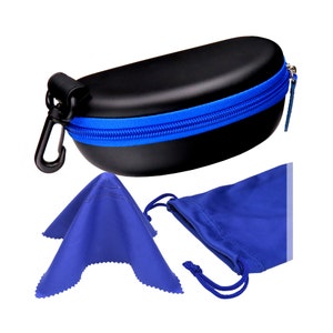 May include: A black hard-shell case with a blue zipper for storing sunglasses. The case comes with a blue microfiber cleaning cloth and a blue drawstring pouch.